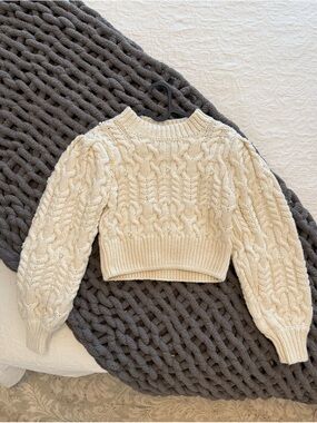 Zara Ecru Cable Knit Cropped Pearl Sweater